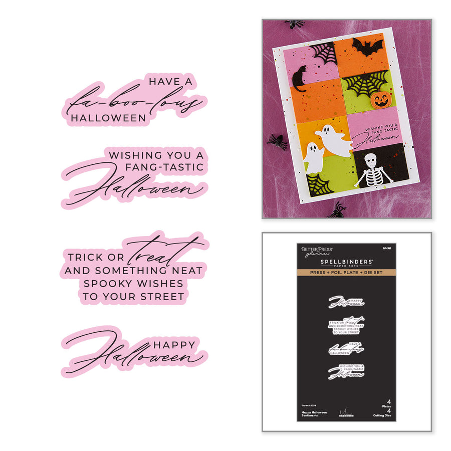 Halloween-themed decorative decals shown on a white background, including four pink script phrases ('Have a fun-boo-ty Halloween', 'Wishing you a fang-tastic Halloween', 'Trick or treat and something neat to your street', 'Happy Halloween') and a printed card sample with colorful Halloween squares. A package insert for Spellbinders Happy Halloween Sentiments Press + Foil Plate & Die Set by Yana Smakula