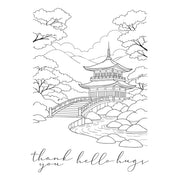 Black and white line art illustration of a Japanese pagoda, bridge, rocks, and trees, with the text 'thank you hello hugs' written below in a cursive font. Spellbinders Scenic Kyoto Press + Foil Plates by Alex Syberia