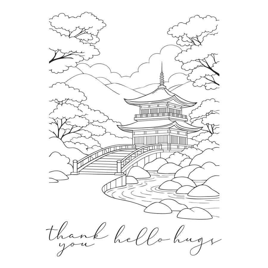 Black and white line art illustration of a Japanese pagoda, bridge, rocks, and trees, with the text 'thank you hello hugs' written below in a cursive font. Spellbinders Scenic Kyoto Press + Foil Plates by Alex Syberia