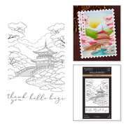A product collage showing a black-and-white line drawing of a Japanese pagoda and stream with the words 'thank you hello hugs,' alongside a colorful stamp-style preview and the Spellbinders Collection packaging. Spellbinders Scenic Kyoto Press + Foil Plates by Alex Syberia