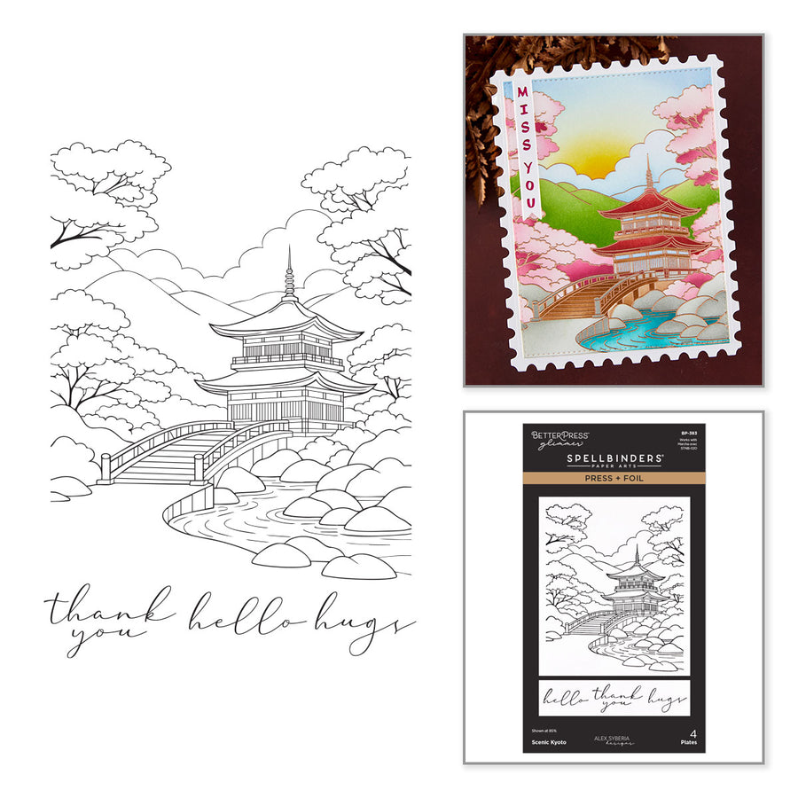 A product collage showing a black-and-white line drawing of a Japanese pagoda and stream with the words 'thank you hello hugs,' alongside a colorful stamp-style preview and the Spellbinders Collection packaging. Spellbinders Scenic Kyoto Press + Foil Plates by Alex Syberia
