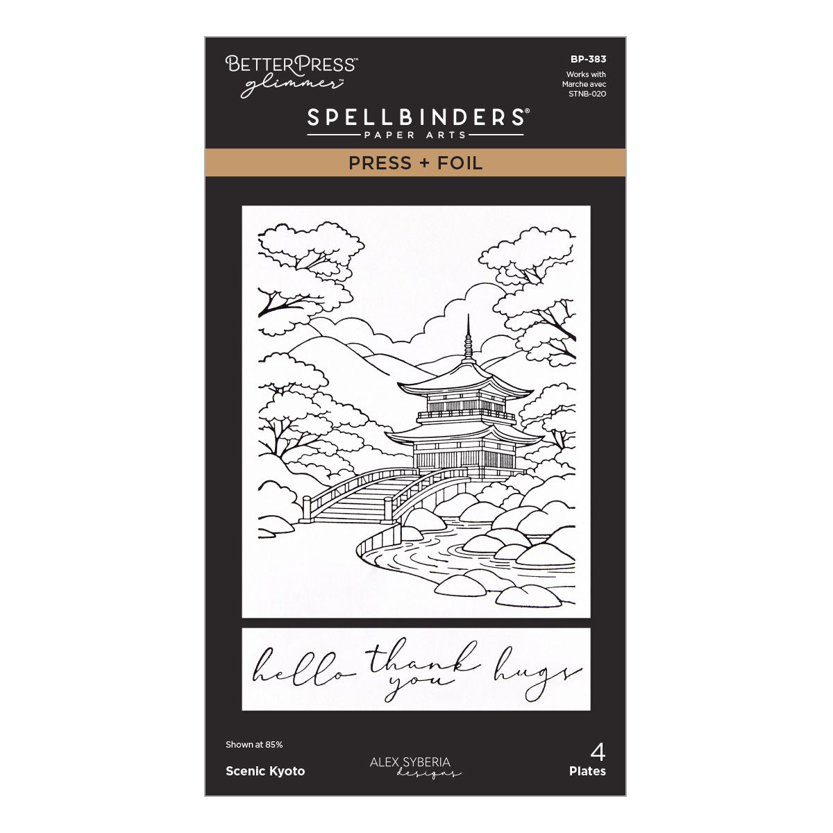 BetterPress Glimmer Spellbinders Paper Arts Press + Foil Scenic Kyoto press plate package, featuring a black and white line art illustration of a pagoda and bridge over water, with text reading 'hello thank you hugs' and '4 Plates'.