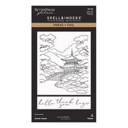 BetterPress Glimmer Spellbinders Paper Arts Press + Foil Scenic Kyoto press plate package, featuring a black and white line art illustration of a pagoda and bridge over water, with text reading 'hello thank you hugs' and '4 Plates'.