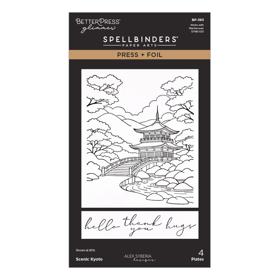 BetterPress Glimmer Spellbinders Paper Arts Press + Foil Scenic Kyoto press plate package, featuring a black and white line art illustration of a pagoda and bridge over water, with text reading 'hello thank you hugs' and '4 Plates'.