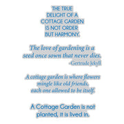 A digital graphic featuring five inspirational gardening quotes in a light blue serif font with a white and light blue drop shadow, set against a solid white background. Spellbinders The Cottage Garden Sentiments Press + Foil Plate & Die Set by Susan Tierney-Cockburn