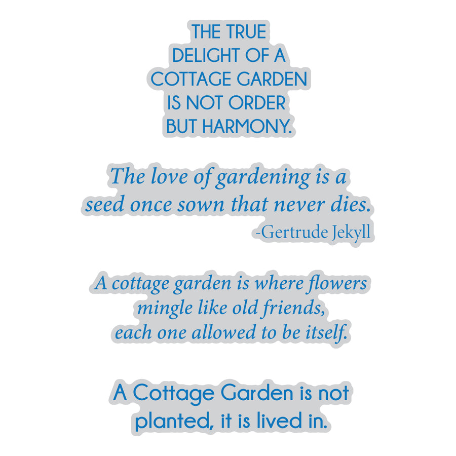 A digital graphic featuring five inspirational gardening quotes in a light blue serif font with a white and light blue drop shadow, set against a solid white background. Spellbinders The Cottage Garden Sentiments Press + Foil Plate & Die Set by Susan Tierney-Cockburn