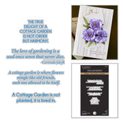 A collage-style product listing graphic featuring a handmade greeting card with purple flowers, a black Spellbinders craft die set package, and a large block of decorative text about a cottage garden on a white background. Spellbinders The Cottage Garden Sentiments Press + Foil Plate & Die Set by Susan Tierney-Cockburn