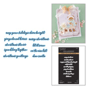 A collage showing a handmade Christmas card with a teddy bear embellishment, a sheet of decorative script phrases in blue lettering, and a package labeled Spellbinders Christmas Blush Sentiments Press + Foil Plate & Die Set by Frank Garcia on a white background.