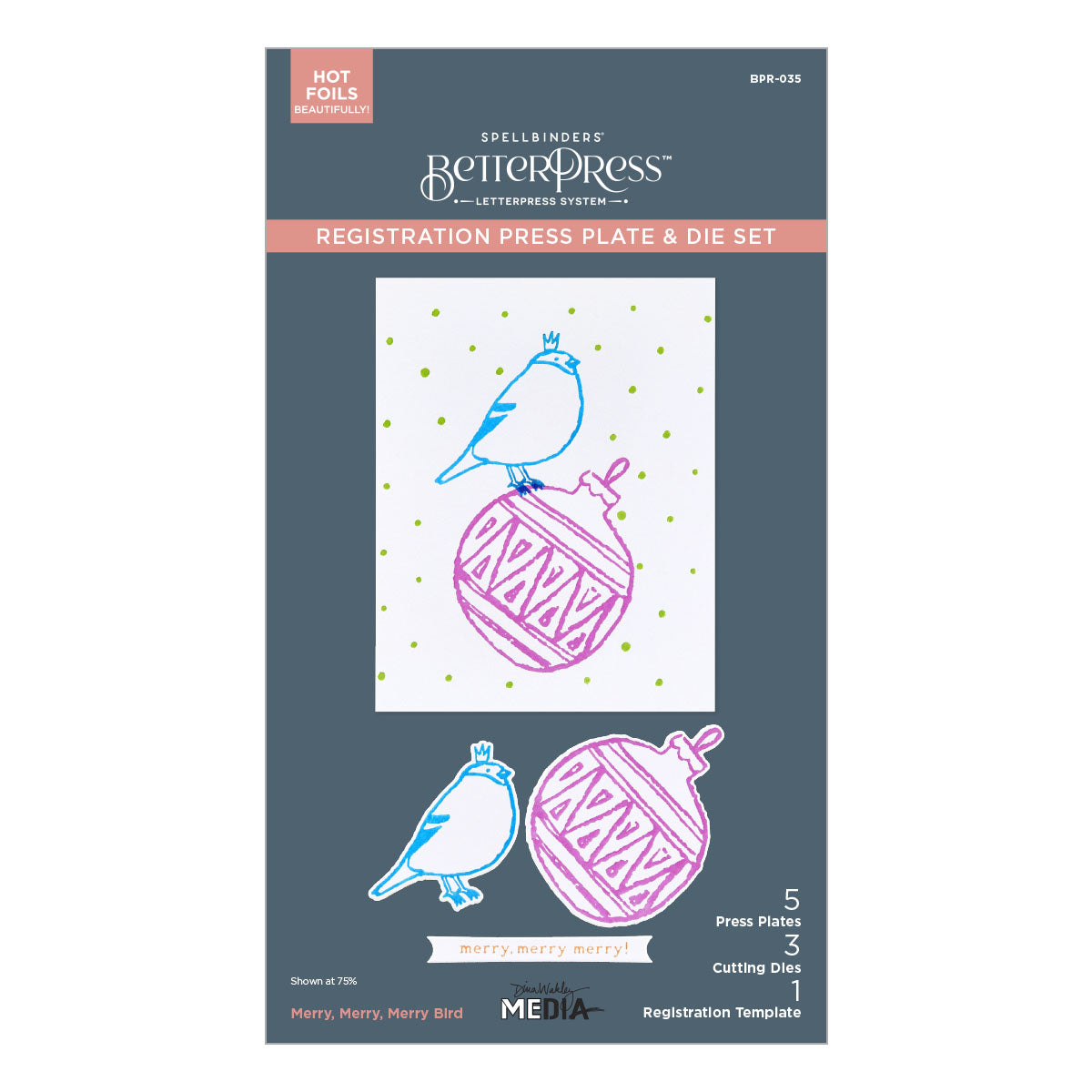Spellbinders - Merry, Merry, Merry Bird Registration Press Plate & Die Set from the Starry Holiday Collection by Dina Wakley