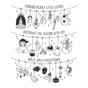 Three horizontal holiday-themed banner designs with black line-art illustrations hanging ornaments, a Christmas tree, stockings, candy cane, snowman, Santa, mittens, bird, holly, and text reading 'Sending Merry Little Wishes,' 'Decorate the Season with Joy,' and 'Holly Jolly Everything' on a white background. Spellbinders Decorate the Season Registration Press + Foil Plate