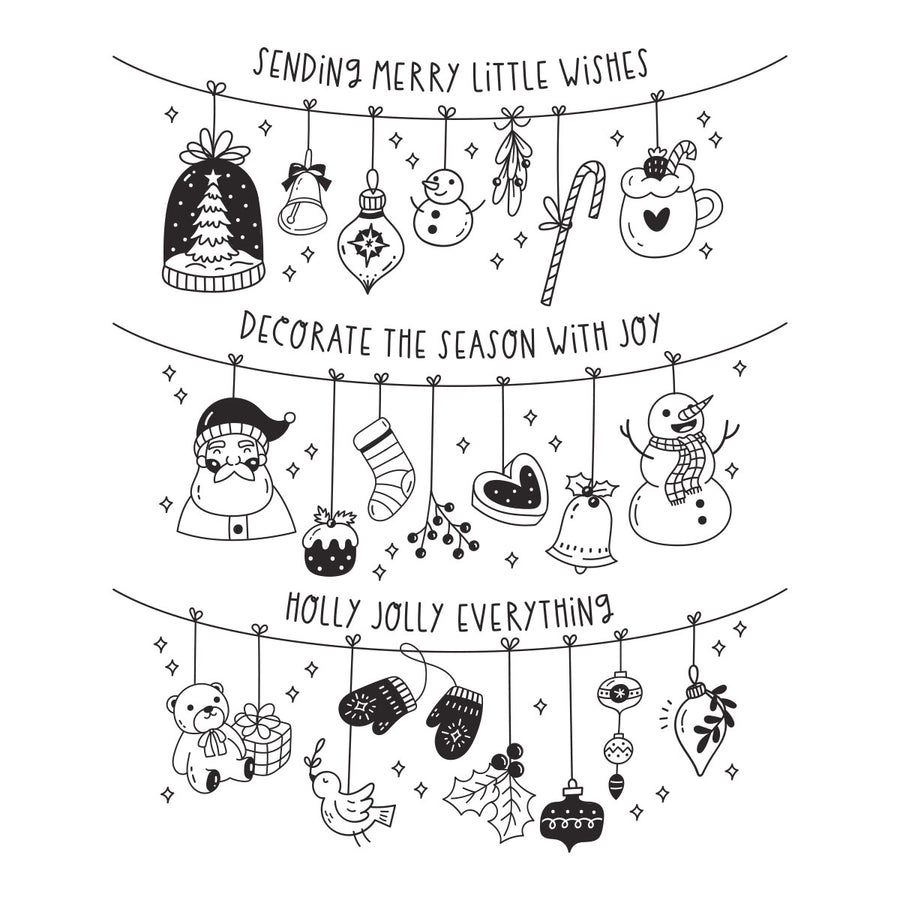 Three horizontal holiday-themed banner designs with black line-art illustrations hanging ornaments, a Christmas tree, stockings, candy cane, snowman, Santa, mittens, bird, holly, and text reading 'Sending Merry Little Wishes,' 'Decorate the Season with Joy,' and 'Holly Jolly Everything' on a white background. Spellbinders Decorate the Season Registration Press + Foil Plate