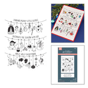 Three holiday-themed craft product images on a white background: a black-and-white printable or stencil design with Christmas hanging illustrations and text, a red-bordered sample sheet showing the finished design, and a package insert for a photopolymer stamp set. Spellbinders Decorate the Season Registration Press + Foil Plate