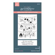 Spellbinders Better Press Registration Press Plates package for 'Decorate the Season Registration Press + Foil', featuring black line art illustrations of ornaments, snowman, Santa, and festive items on a dark teal card with coral accents.