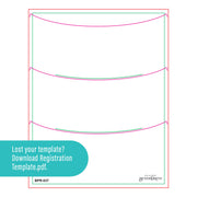 A registration template sheet with curved guide lines in pink and teal on a white background, plus a teal label that says 'Lost your template? Download Registration Template.pdf. Spellbinders Decorate the Season Registration Press + Foil Plate