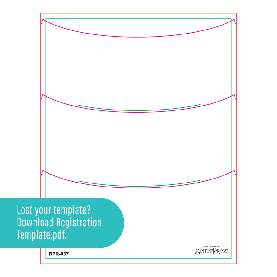 A registration template sheet with curved guide lines in pink and teal on a white background, plus a teal label that says 'Lost your template? Download Registration Template.pdf. Spellbinders Decorate the Season Registration Press + Foil Plate