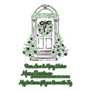 A festive black and green illustration of a front door decorated with a wreath, bow, and holiday garlands, with layered Christmas greeting text below on a white background.