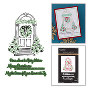 Christmas-themed press and foil plate featuring an illustrated holiday door with green wreath garlands and text reading 'Merry Christmas' and 'From our house to yours,' shown alongside a sample stamped card and the product packaging. Spellbinders Festive Evergreens Registration Press + Foil Plate & Die Set