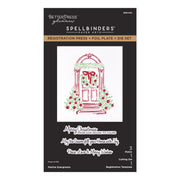 BetterPress Glimmer Spellbinders 'Festive Evergreens' registration press, foil plate, and die set packaging, featuring a red and green wreath design on a white background.