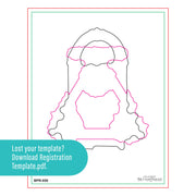 A product template graphic showing a black line drawing of a bell-shaped object outlined in pink, with a teal banner reading 'Lost your template? Download Registration Template.pdf.