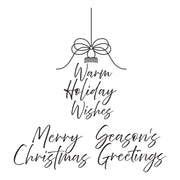 Black hand-lettered holiday greeting text on a white background, featuring a hanging ornament illustration above the words 'Warm Holiday Wishes' and 'Merry Season's Christmas Greetings'.