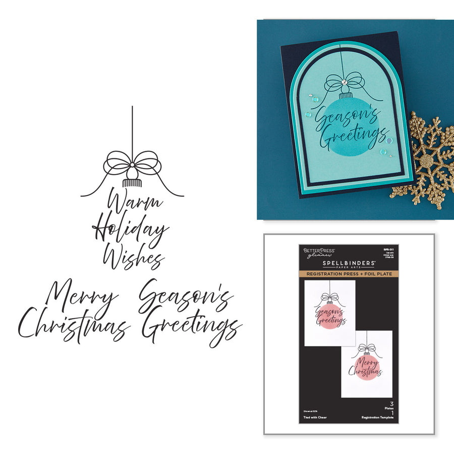 Handmade holiday greeting card and press and foil plate shown on a white background, including a layered teal and black card with the words 'Season's Greetings,' a black-and-white ornament outline with 'Warm Holiday Wishes' and 'Merry Season's Christmas Greetings,' and a package of Spellbinders sentiment stamps. Spellbinders Tied with Cheer Registration Press + Foil Plate & Die Set