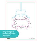 A digital product preview showing a black, pink, and light blue outline template of a Christmas ornament on a white background with a teal banner offering a downloadable registration template.