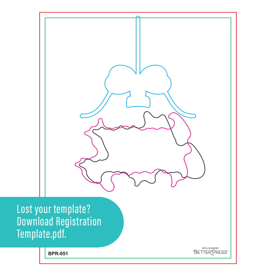 A digital product preview showing a black, pink, and light blue outline template of a Christmas ornament on a white background with a teal banner offering a downloadable registration template.