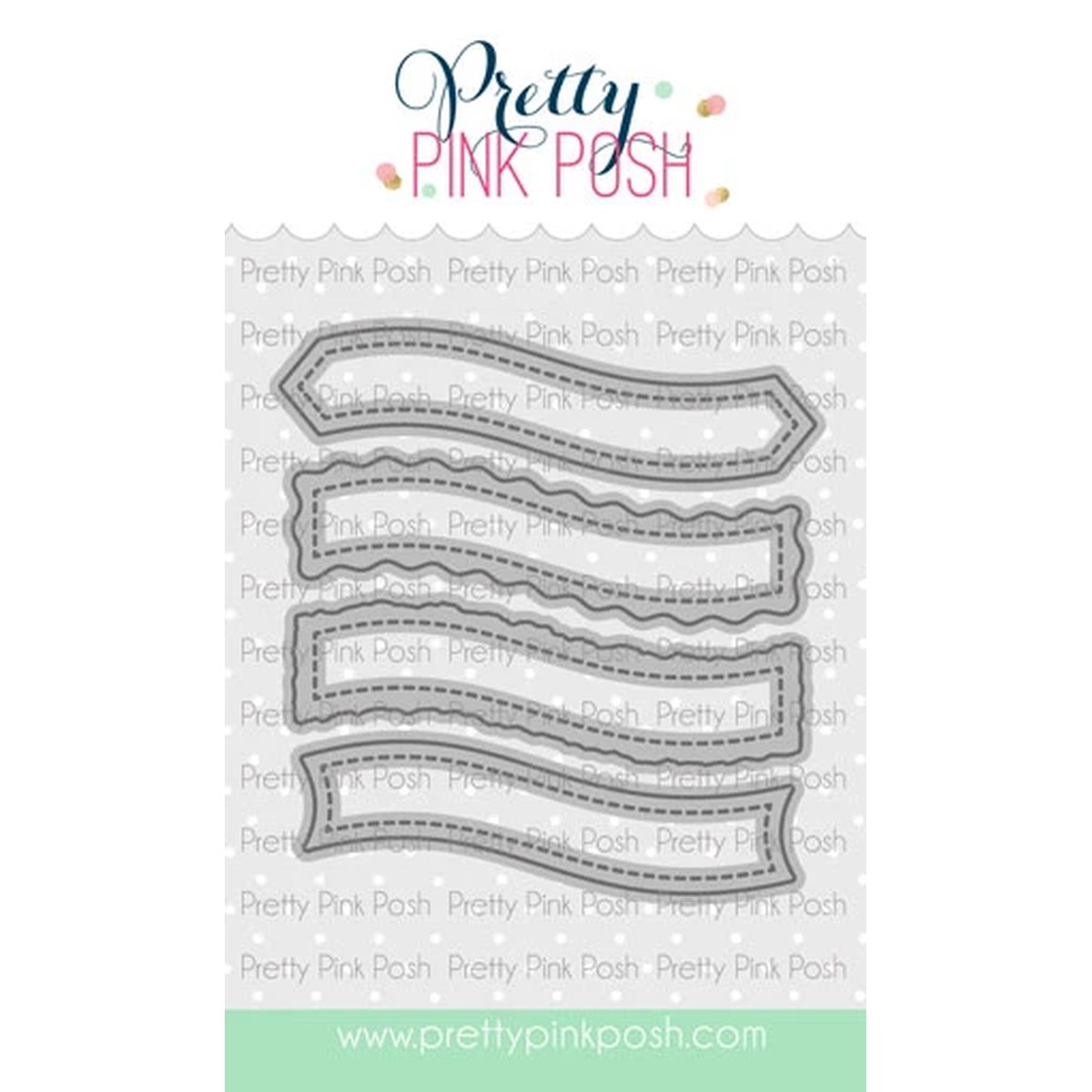 A sheet of four scalloped ribbon-shaped die-cut metal dies from Pretty Pink Posh called Banner Greetings 4, displayed on a branded white card with the brand logo at the top and a website URL at the bottom.