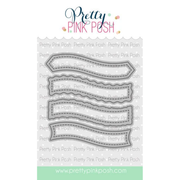 A sheet of four scalloped ribbon-shaped die-cut metal dies from Pretty Pink Posh called Banner Greetings 4, displayed on a branded white card with the brand logo at the top and a website URL at the bottom.