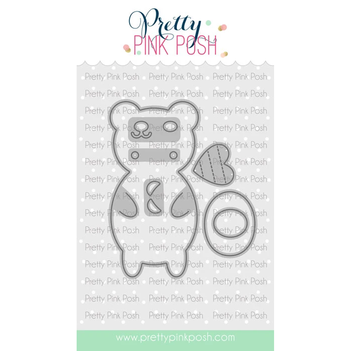 A metal die-cut featuring a bear outline with a stitched heart patch, shown on a white background with repeated Pretty Pink Posh branding and a mint footer. Die is called Bear Holder.