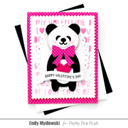 A handmade layered card featuring a cute panda holding a pink heart, with a bright pink polka-dot border and the text 'HAPPY VALENTINE'S DAY'.