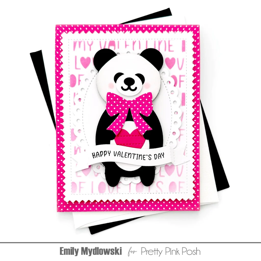 A handmade layered card featuring a cute panda holding a pink heart, with a bright pink polka-dot border and the text 'HAPPY VALENTINE'S DAY'.