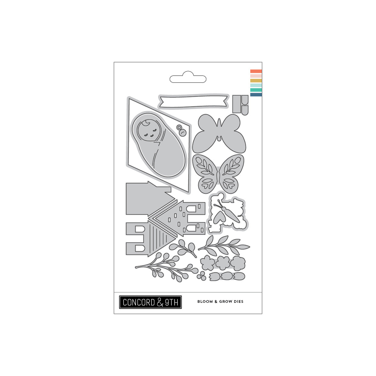 Concord & 9th Bloom & Grow Dies featuring a baby cradle, butterfly, house, flowers, and foliage designs on a white card with a colorful brand stripe.