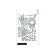Concord & 9th Bloom & Grow Dies featuring a baby cradle, butterfly, house, flowers, and foliage designs on a white card with a colorful brand stripe.