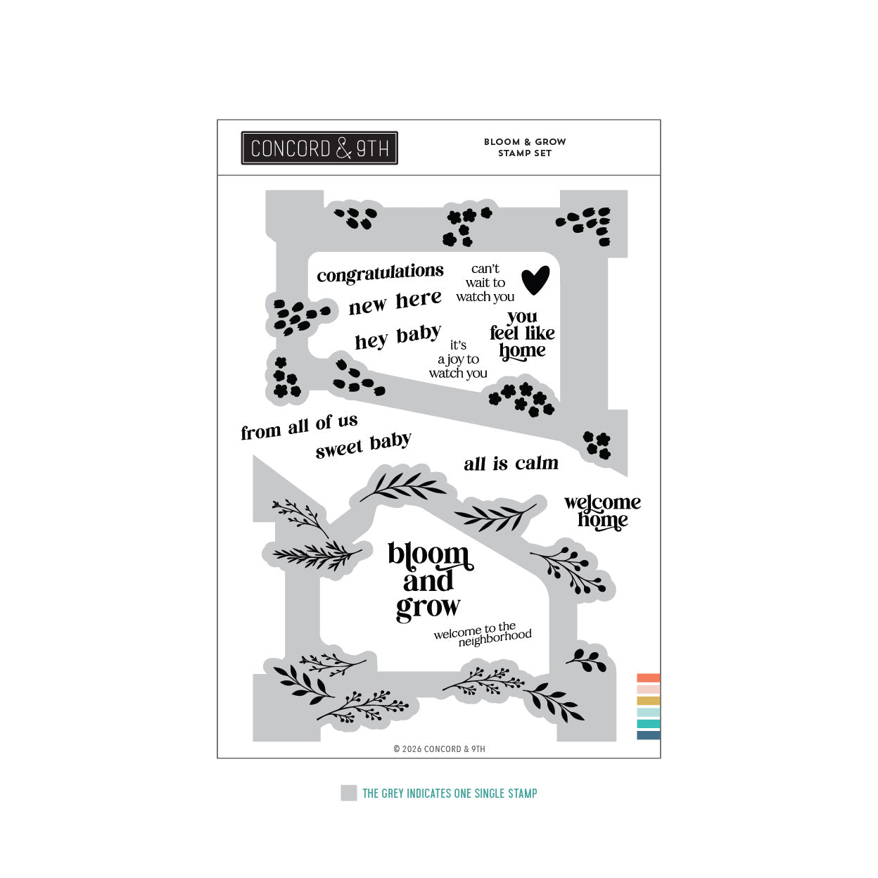 Concord & 9th 'Bloom & Grow' stamp set packaging showing a gray rectangular stamp block with black text and floral motifs, plus a small color strip indicating included stamp colors.