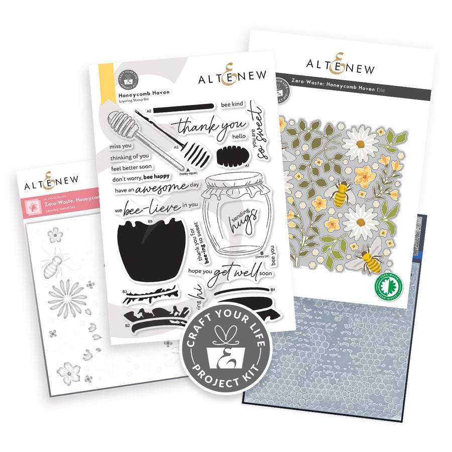 Altenew - Craft Your Life Project Kit: Honeycomb Haven which includes a stamp set, zero waste die set, stencil set and embossing folder