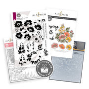 Altenew Craft Your Life Project Kit: Painterly Perfection. A craft project kit set from Altenew, featuring floral stamping plates, a clear stamp sheet with flower illustrations, a gray marbled paper sheet, and a circular 'Craft Your Life Project Kit' seal, arranged on a white background.