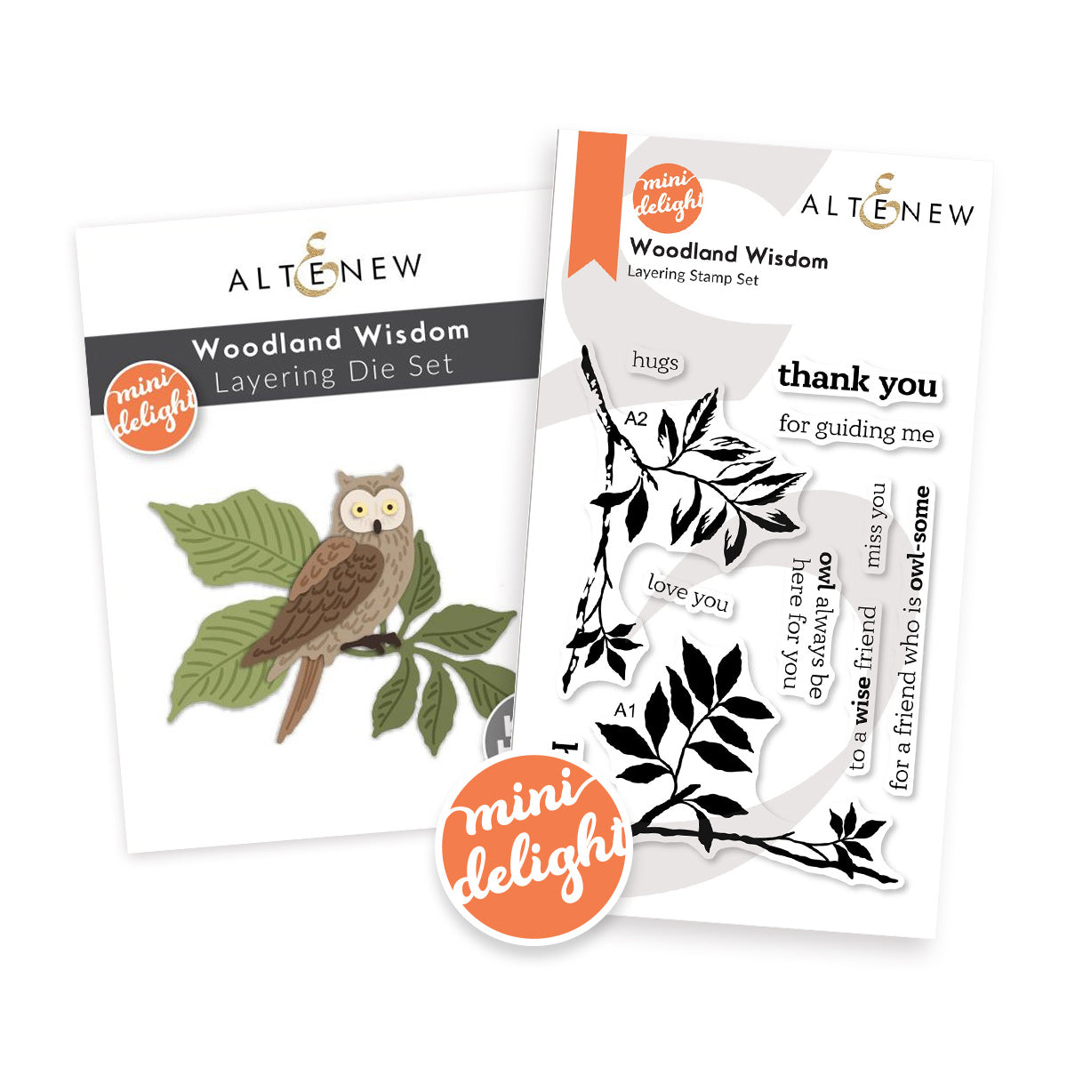 Altenew Mini Delight Woodland Wisdom Stamp Set and Layering Die Set shown on a white background, one featuring an owl illustration and the other showing black leafy branch stamps with words like 'thank you' and 'love you'. A circular orange 'mini delight' badge appears in front.