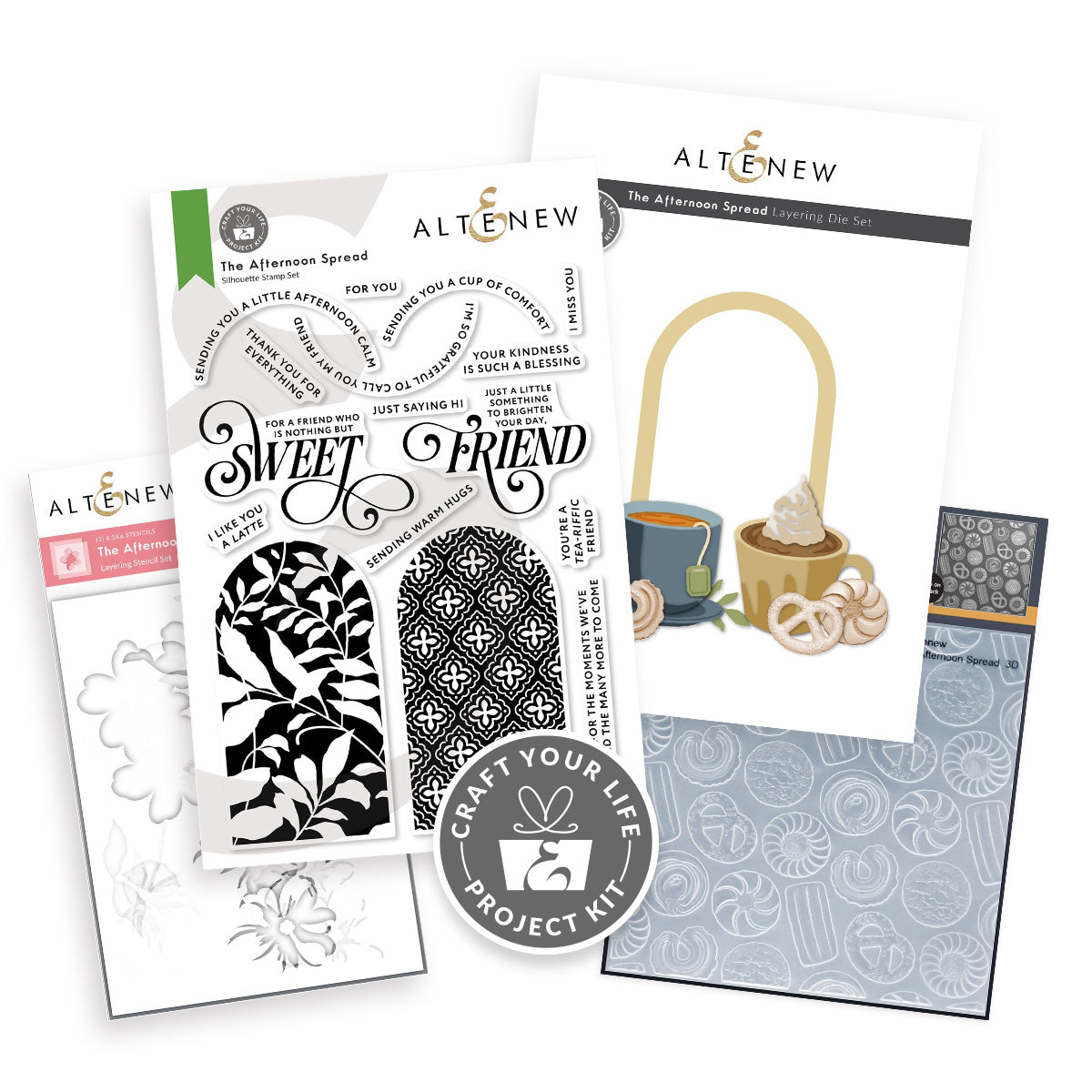 Altenew Craft Your Life Project Kit The Afternoon Spread, featuring a clear stamp sheet with floral and geometric patterns, a metal die set, embossing folder and coordinating stencil set.
