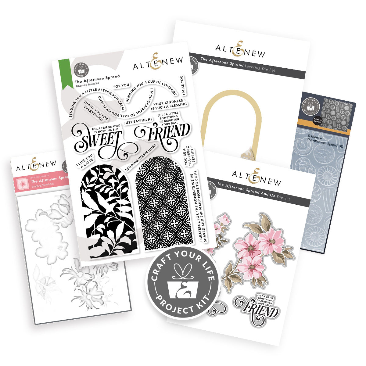 ALTENEW Craft Your Life Project Kit The Afternoon Spread and Add On Die Set featuring multiple printed sheets, a stamp card, a die-cut sticker sheet, and a circular 'Craft Your Life Project Kit' sticker, arranged on a white background.
