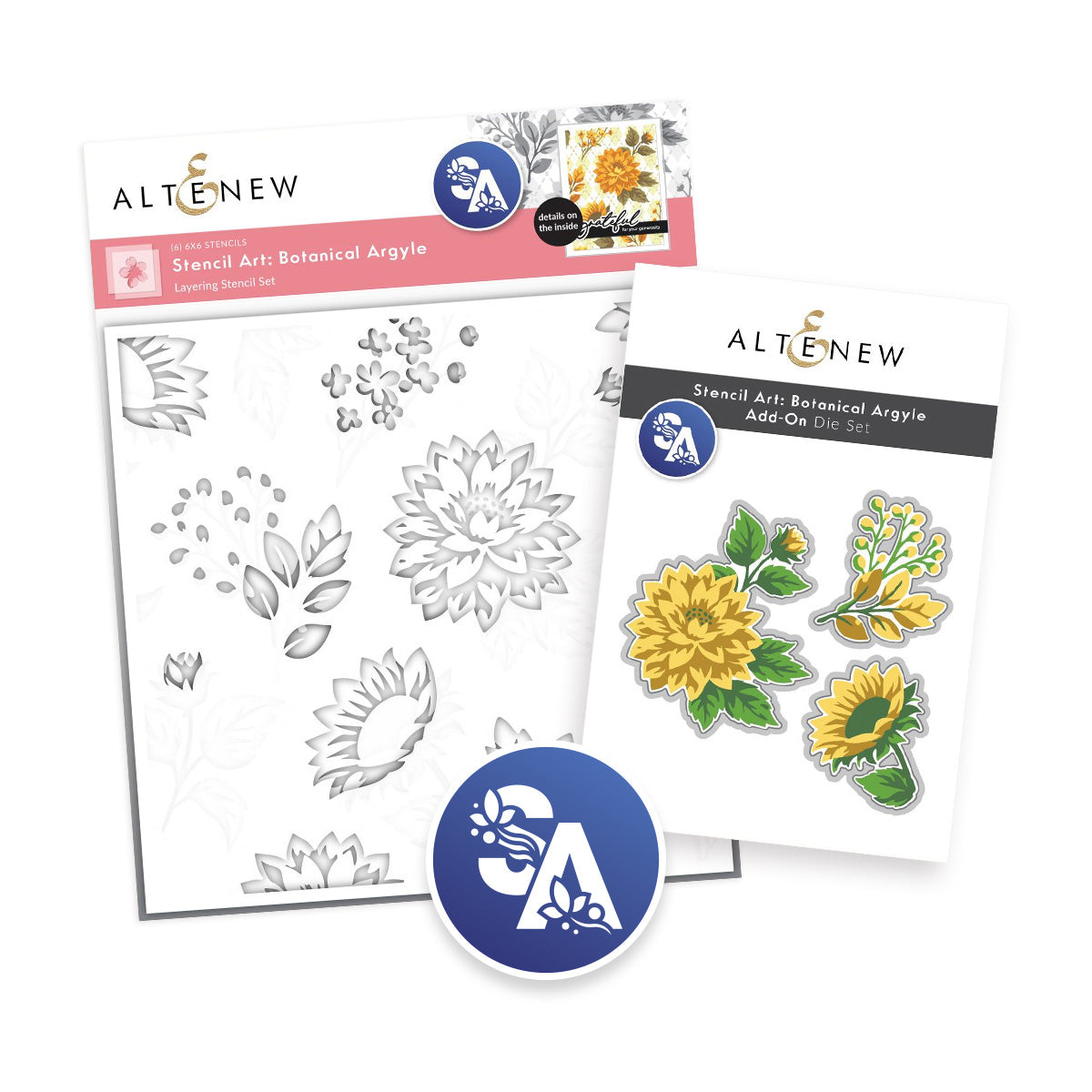 ALTENEW Stencil Art: Botanical Argyle and Add-On Set, featuring a metal stencil sheet with gray floral outlines, a sheet of colorful floral stickers in yellow, green, and white, and a blue circular logo badge on a white background.