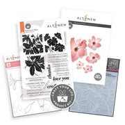 A craft project kit set from Altenew, featuring floral stamps, a key hole layering die, stencil, and embossing folder with botanical and text designs, arranged on a white background. Altenew Craft Your Life Project Kit: Expressive Flora
