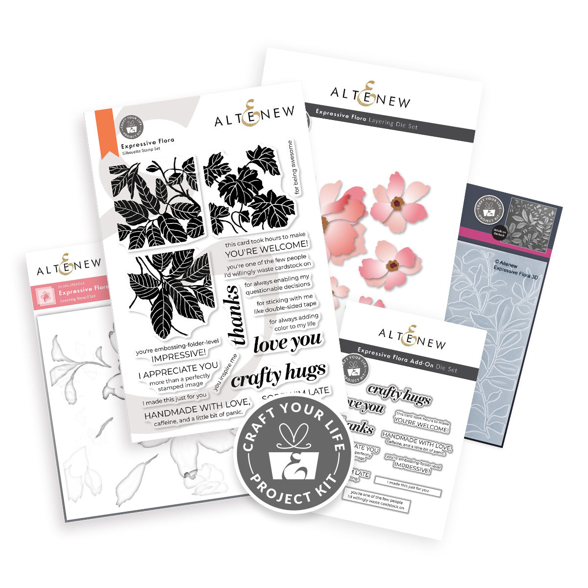 A craft kit set from Altenew, including floral cutting dies, stencils, leaves and text stamps, and an embossing folder, arranged on a white background with a circular 'Craft Your Life Project Kit' seal. Altenew Craft Your Life Project Kit: Expressive Flora & Add-on Die Bundle