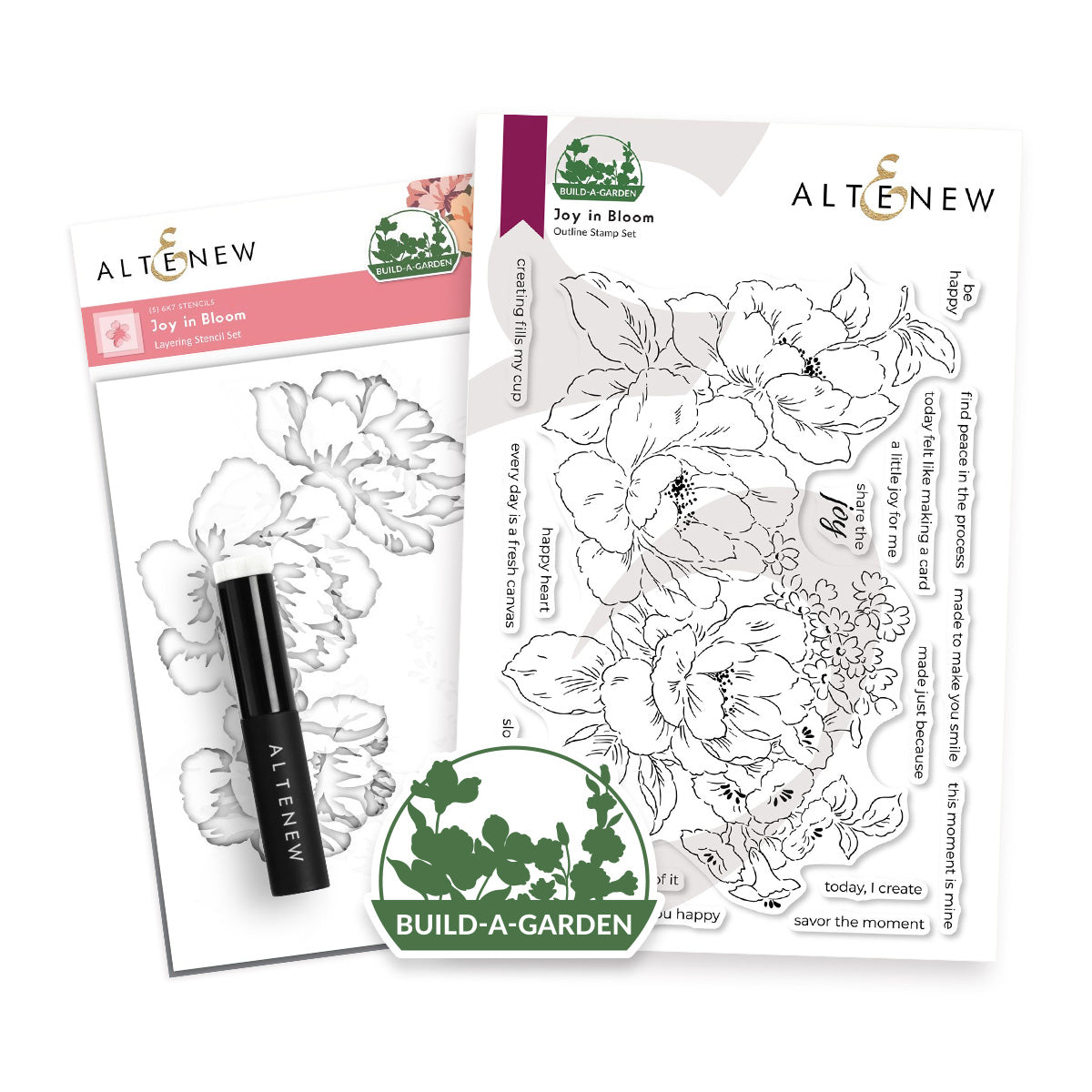 Altenew Build-A-Garden 'Joy in Bloom' crafting kit showing the clear floral stamp sheet, the coloring book page, and a black marker on a white background.