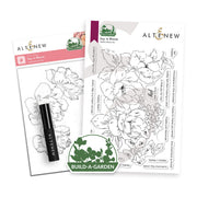 Altenew Build-A-Garden 'Joy in Bloom' crafting kit showing the clear floral stamp sheet, the coloring book page, and a black marker on a white background.