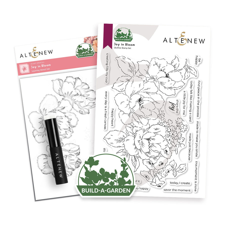 Altenew Build-A-Garden 'Joy in Bloom' crafting kit showing the clear floral stamp sheet, the coloring book page, and a black marker on a white background.