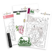Altenew Build a Garden 'Joy in Bloom' stamp set featuring a clear stamp sheet with floral line art, a stencil set, cutting dies, and a black stamp blade, displayed on a clean white background. Altenew Build-A-Garden: Joy in Bloom & Add-on Die Bundle