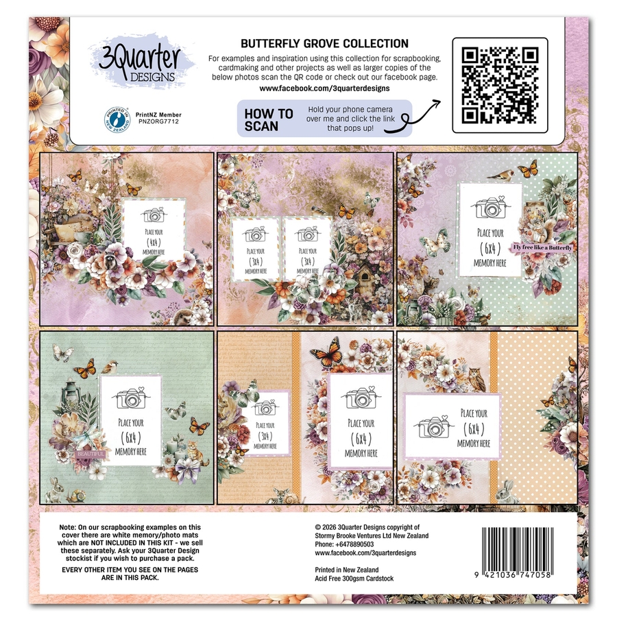 Back of a 3 Quarter Designs 'Butterfly Grove Collection' cardstock sheet, showing six floral patterned cardstock designs, butterfly illustrations, a QR code, and instructions on how to scan the product.