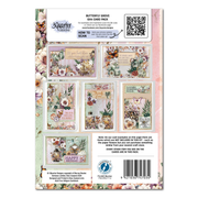 Back of a 6x4 card pack packaging insert by 3Quarter Designs called Butterfly Grov, featuring floral and vintage card designs, a QR code, instructions, and product details on a white background. 