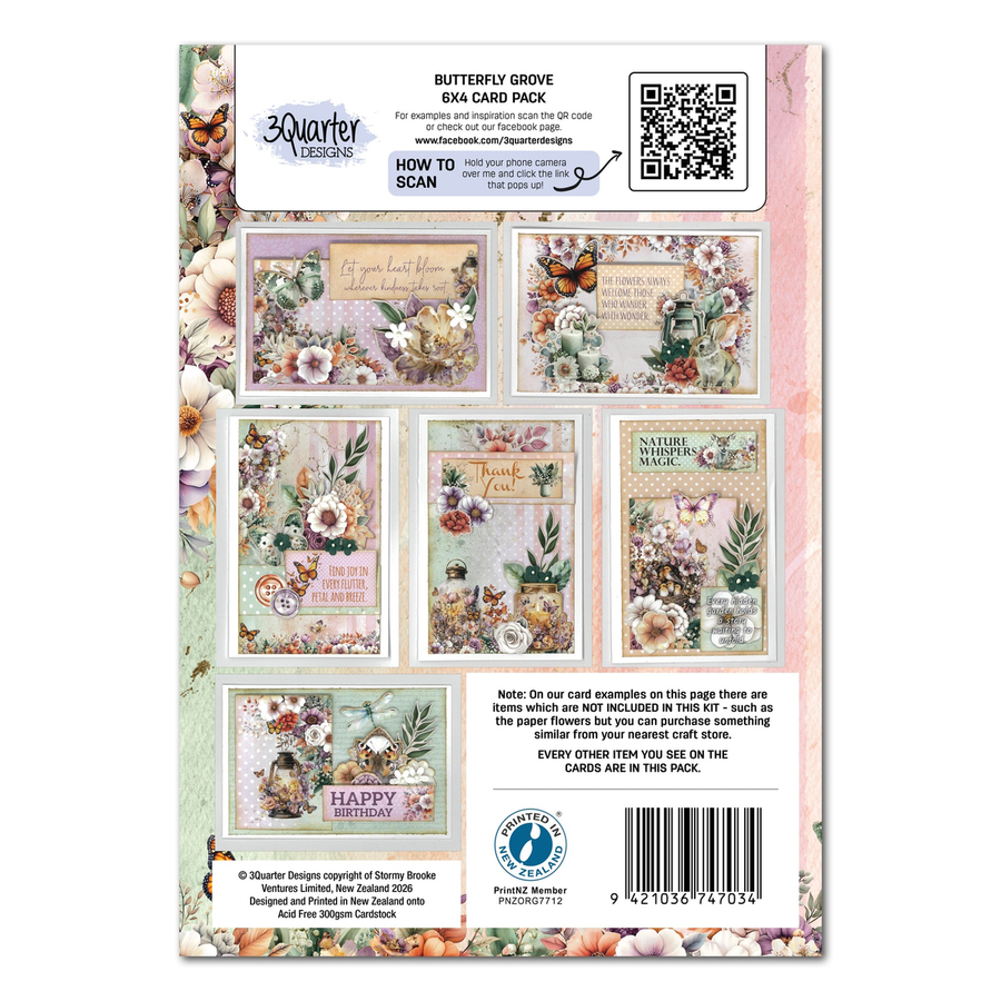 Back of a 6x4 card pack packaging insert by 3Quarter Designs called Butterfly Grov, featuring floral and vintage card designs, a QR code, instructions, and product details on a white background. 